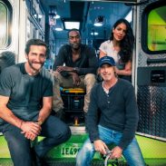 (from left) Jake Gyllenhaal, Yahya Abdul-Mateen II, director Michael Bay and Eiza González on the set of Ambulance.