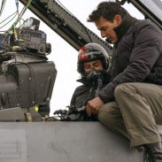 Monica Barbaro and Tom Cruise on the set of Top Gun: Maverick from Paramount Pictures, Skydance and Jerry Bruckheimer Films.